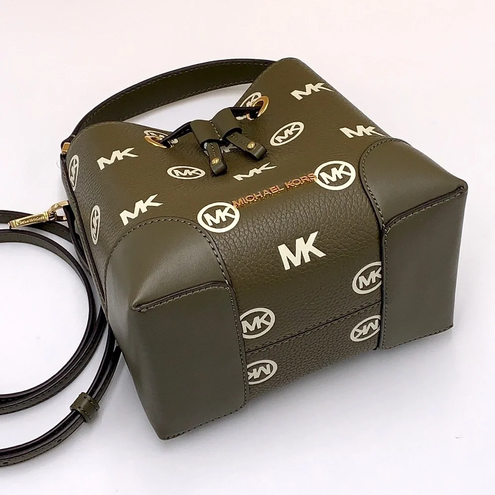 MICHAEL KORS Mercer Small Logo Embossed Leather Bucket Bag COLOR OLIVE